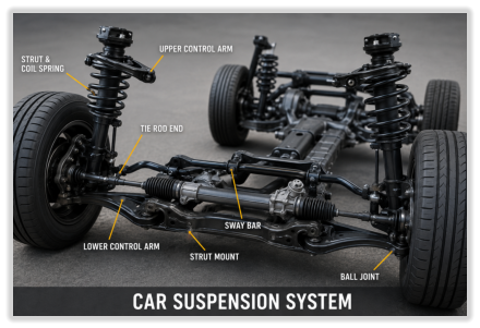 Picture of a car suspension system showing what we can work on.