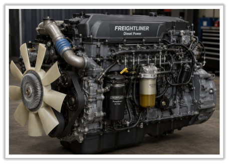 Picture of a Freightliner engine showing that we work on those.
