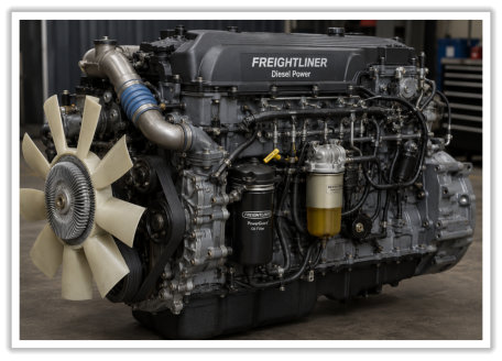 Picture of a Freightliner engine showing that we work on those.
